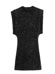 Robes décontractées XNWMNZ 2024 Mode féminine Robe à épaulettes à paillettes Femmes Style de fête Col rond sans manches Slim Fit Femme Mini