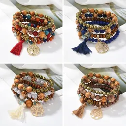 Strand Vintage Tassel Multi-Layered Armband Bohemian Style Faux Turquoise Wood Bead Women Tree of Life Charm Set