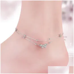 Anklets S925 Pure Sier Double-Layered Bow Anklet For Women Exquisite And Unique Design Korean Style Jewelry Wholesale From Original Dr Dhpdk