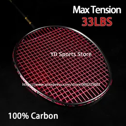Corda de badminton ultraleve 4u absorção de choque 100 raquetes de fibra de carbono amarradas sacos de alta tensão 33lbs raquete de ataque profissional 231213