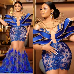 Royal Blue Illusion ASO EBI Prom Kleider Feather Meerjungfrau von Schulter Promdress Abendkleider Geburtstagsfeier Kleid Verlobung Zweiter Empfangskleid ST601