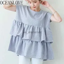 女性のブラウスシャツオーシャンラブフリル格子縞の女性ブラウス夏の韓国ファッション甘いノースリーブスイートブルザ