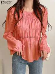 Women's Blouses Shirts ZANZEA Chic Round Neck Blusas Women's Tunic Tops Casual Pleated Puff Long Sleeve Blouses Loose Candy Color Dressy Shirts Slim YQ231214