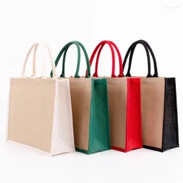 Bolsas de compras Bolsa de asas de yute de arpillera reutilizable con asa resistente Bolso de almacenamiento de playa de viaje de gran capacidad para mujer