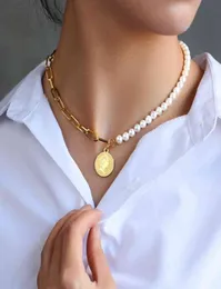 KRKC 2021 Luxury Custom Gold Plated Women Baroque Half Pearl Link Halsbandsmycken Big Natural White Frhwater Pearl Necklace3260065