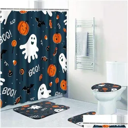 Duschvorhänge Lustiges Halloween-Druckset Teppich Er Toilette Badezimmer Matte Kissen Haushalt 220827 Drop Lieferung Hausgarten Bad Accesso Dhays