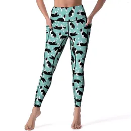 Leggings femininas calças de yoga com estampa de cachorro com bolsos border collie sexy cintura alta diversão esportes collants estiramento gráfico fitness leggins