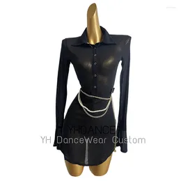 Palco desgaste preto malha vestido de dança latina mangas compridas mulheres sexy prática rumba roupas adulto camisa de salão dnv18165