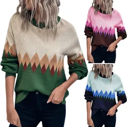 Damskie dzianiny tee damskie moda swobodna vintage Diamond Check Colorblock Long Rleeve Sweter Women's Sweter Trend Pulls Chauds 231213