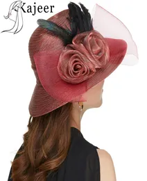 Kajeer Gauze Feather Fedora 모자 우아한 공주 펠트 챙 모자 Bowknot 볼러 모자 Sun Ladies Hat Cap4188723