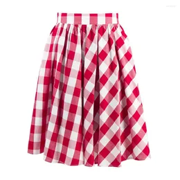 スカート卸売オンライン大型サイズの服女性のハイウエストレトロインスプレッド50S 60Sサークルスイング赤と白の格子縞のスカートとポケット付き