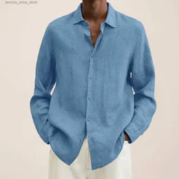 Polo da uomo Camicia di lino in puro cotone blu Top Casual Camicia ampia taglie forti Uomo Colletto rovesciato Manica lunga Cardigan da lavoro traspirante Q231215