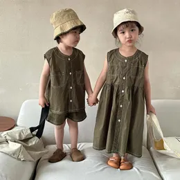 Conjuntos de ropa Hermanos de verano Ropa de moda Niños Chaleco verde y pantalones cortos 2 piezas Baby Girls Sundress