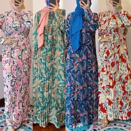 Abbigliamento etnico Stampa floreale Abito lungo da donna a pieghe Abaya 2024 Primavera Ramadan Caftano Eid Abito islamico musulmano arabo Abito Dubai Turchia