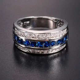 Men's Deluxe 10k White Gold Plated Blue Sapphire Garnet Crystal Stone Band Wedding Ring For Men Women Jewlry Size 8-12 J19070185b