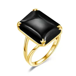 Bröllopsringar Luxury Black Onyx Rings for Women Real 925 Sterling Silver Gemstones Design 13*18mm Rektangel Stone Gold Plated Vintage Jewellery 231214