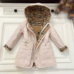 Novo bebê casaco com capuz inverno criança comprimento médio jaqueta de algodão tamanho 110-170 forro xadrez design crianças outwear dec05