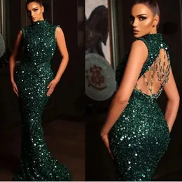 Luxo árabe dubai verde escuro sereia vestidos de baile frisado sem costas lantejoulas noite formal vestidos de noivado robe de soiree