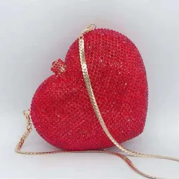 Sacos de noite de alta qualidade cor vermelha diamante bolsa ouro metal mulheres cristal bolsa de embreagem forma de coração festa de casamento embreagens corrente han2628