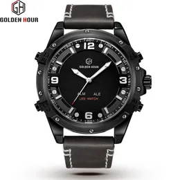 Relogio Masculino GOLDENHOUR Sport Echtes Leder Männer Uhr Automatische Militär Analog Auto Datum Mann Uhr Relogio Masculino2603