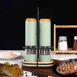 Vete Straw Electric Salt Pepper Grinder Set LED Light Automatisk krydd Herb Mill Justerbar grovhet Keramisk kärnköksverktyg 2241B