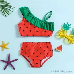 Set di abbigliamento Set bikini per bambini Costumi da bagno per ragazze 2023 Costume da bagno estivo con volant senza maniche con stampa anguria Costume da bagno per bambini Costume da bagno per bambini R231215