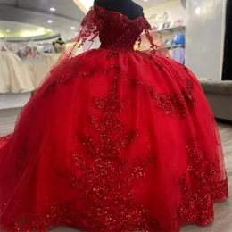 Vermelho brilhante fora do ombro vestido de baile applique renda frisado lantejoulas quinceanera vestido princesa doce 16 15 anos vestidos de festa da menina
