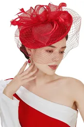 Red Sinamay Tea Party Fascinator för kvinnor Kentucky Derby Hat Pillbox Hair Clip Cocktail Wedding Dress pannband