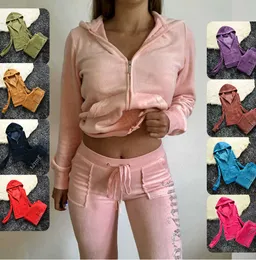 Juicy Apple Kadınların Takipleri 2023 Yaz Marka Dikiş 2 Parça Set Velvet Velourt Women Track Takım Takım Hoodies ve Pantolon Gelişmiş Tasarım 60568ESS