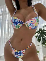 Mulheres Swimwear Imprimir Sexy Bikini Floral Push Up Swimsuit Mulheres String Beachwear Duas Peças Biquini Cintura Baixa Swimwear 2023 Verão Banheira Terno T231215