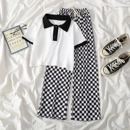 Clothing Sets Girls' Junior Summer Suit Children's Checkerboard Trousers+Short sleeved T-shirt 2-piece wide leg pants 3-12Y 231215