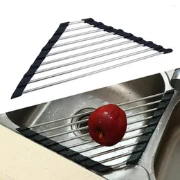 Kitchen Storage Triangle Roll-Up Dish Drying Rack Foldable Stainless Steel Over Sink Organizer Corner Drainer Shelf Holder