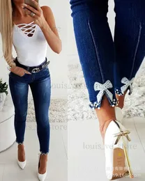 Kadın kot pantolon boncuklu bowknot dekor kot sonbahar 2023 kadınlar inci yay rahat gevşek ekleme kılıf uzun pantolon ince fit denim kalem pantolon t231215
