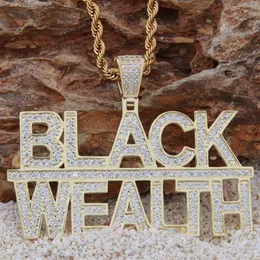 Iced Out Bling Rapper Black Wealth Letter Pendant Cz Chain Gold Silver Color Hip Hop Jewelry CZ Necklace For Men Women322Q