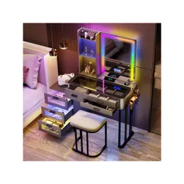 Móveis de quarto Kasibie Rgb LED Light Dresser Set Lindo Top de vidro e suporte de secador de cabelo USB Carregamento sem fio tem 6 Ders Open St Dhbq1