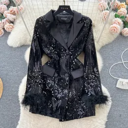 Kentsel seksi elbiseler retro kabarık uzun kollu çift göğüslü payet elbise Korean moda vintage özel yaka kadınlar sonbahar kış 231215