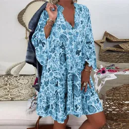 Sıradan Elbiseler 2023 Bahar Baskı Püskül Boho Mini Elbise Kadınlar Zarif V Boyun A-Line Ofis Vintage 3/4 Flare Sleeve Yaz Plajı