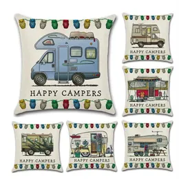 Pillow Case 45*45cm Touring Car Pillowcase Throw Linen Cushion Cover Home Cafe Office Decor Gift Happy Campers