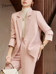 Kvinnor Tvåbitar byxor Yitimuceng Pink Womens Office Set Fashion Slim Fit Flip Collar Single Button Långärmad jacka Fashion Pencil Pants Set 231214