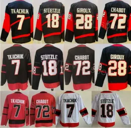 Özel Erkek Hokey 7 Brady Tkachuk Jersey Ters Retro 72 Thomas Chabot 18 Tim Stutzle 28 Claude Giroux Stitch Siyah Kırmızı Beyaz Takım Renk A