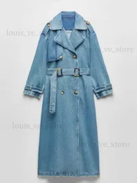 Kurtki damskie RR2418 X-Long Jeńskie płaszcze dla kobiet pasek na talii Slim Jean Coats Ladies Jaqueta Feminina Blue Jean Jacket Woman T231215