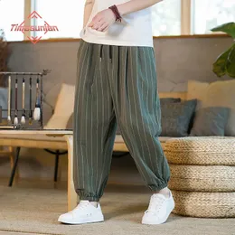 سروال الرجال على الطراز الياباني Stripe Summer Cotton Linen Harem Bants Men Streetwear Breatable Bants Pants ذكر سراويل عجل غير رسمية 231214