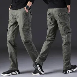 Мужские брюки-карго в стиле милитари, мужские комбинезоны, армейский зеленый, серый хлопок, свободные повседневные брюки с множеством карманов, прямые брюки Homme 231215