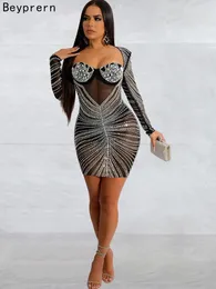 Casual Dresses Beyprern Sparkle Rhinestone Padded Cut Out Back Long Sleeves Mini Dress Beautiful Crystal Gown Party Christmas Outfits