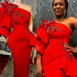 2023 Aso Ebi Ballkleider Meerjungfrau Rot One Shoulder Abendkleid Elegant für schwarze Mädchen Afrikanische Nigeria Kleider für den zweiten Empfang Geburtstagsfeierkleider Gala Shine NL005