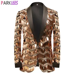 Herenkostuums Blazers Heren Luxe Golf Gestreepte Gouden Pailletten Blazer Jas Sjaal Revers Eén Knop Glanzende Bruiloft Pak Jassen Diner Smoking Blazer 231215