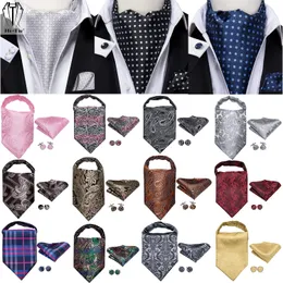 روابط الرقبة Hitie Silk Mens Ascots Hanky ​​Cufflinks مجموعة Jacquard Paisley Floral Cravat Tie Self Vintage Ascot Black Gray Red Gold Pink Blue 231214