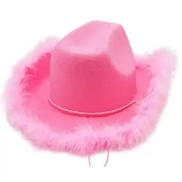 Cappelli da cowgirl rosa stile occidentale per donna Cappello Fedora arrotolato Cappello da cowboy da spiaggia con bordo in piuma