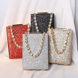 2023 New Glitter Decor Evening Bag Luxury Water Diamond Chain 핸드백 크로스 바디 작은 사각 가방 여성 어깨 가방