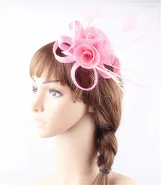 Sinamay Pink Roses Facinators Hair Clips Feather Headwear on Women Wedding Party Church Royal Accessory